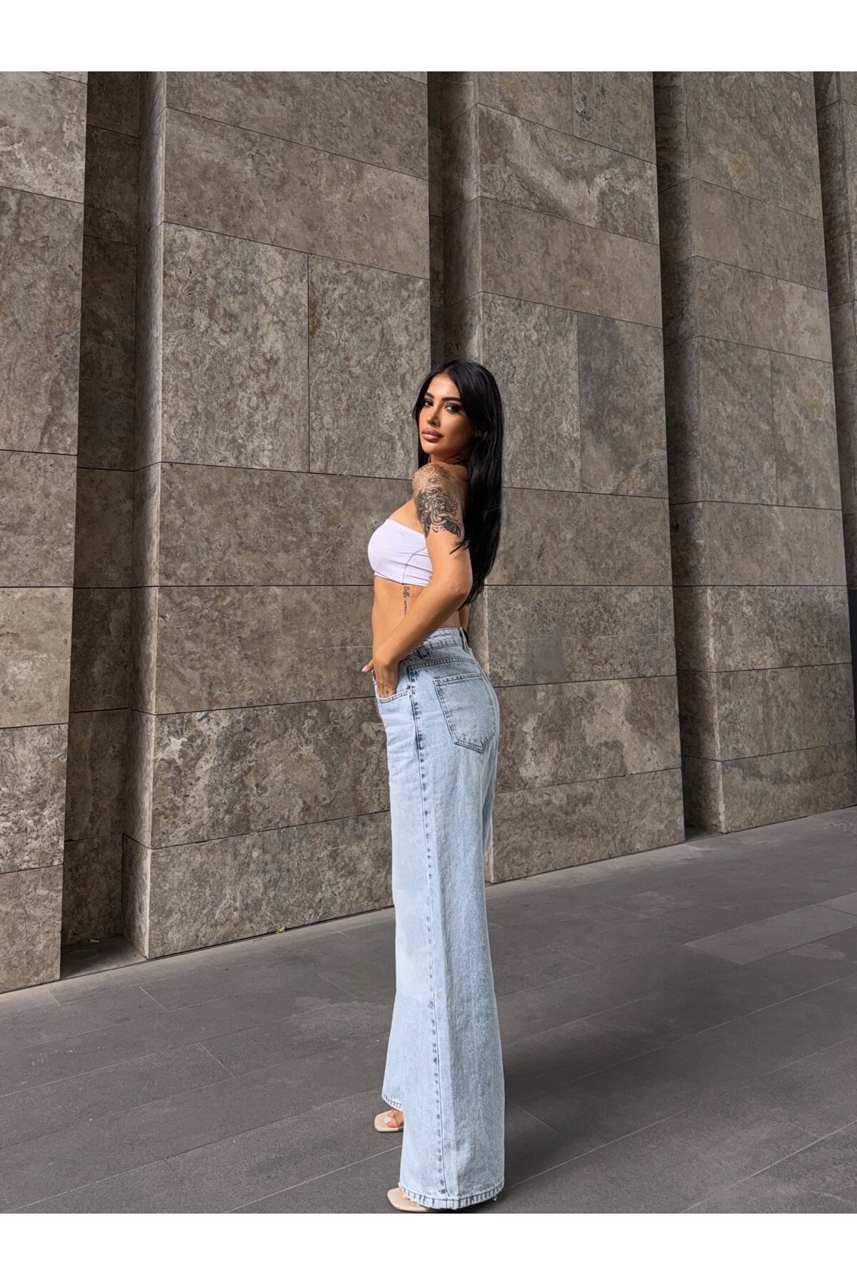 Açık Mavi Düz Kesim Wide Leg Jean Pantolon