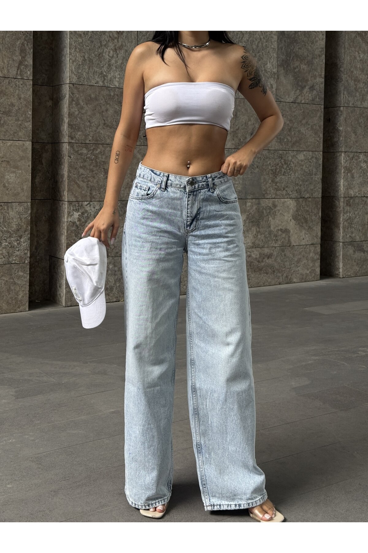 Açık Mavi Düz Kesim Wide Leg Jean Pantolon