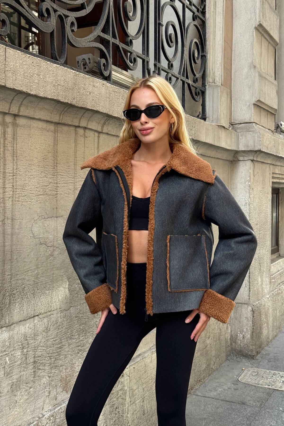 Antrasit Çift Cepli İçi Suni Kürklü Biker Mont