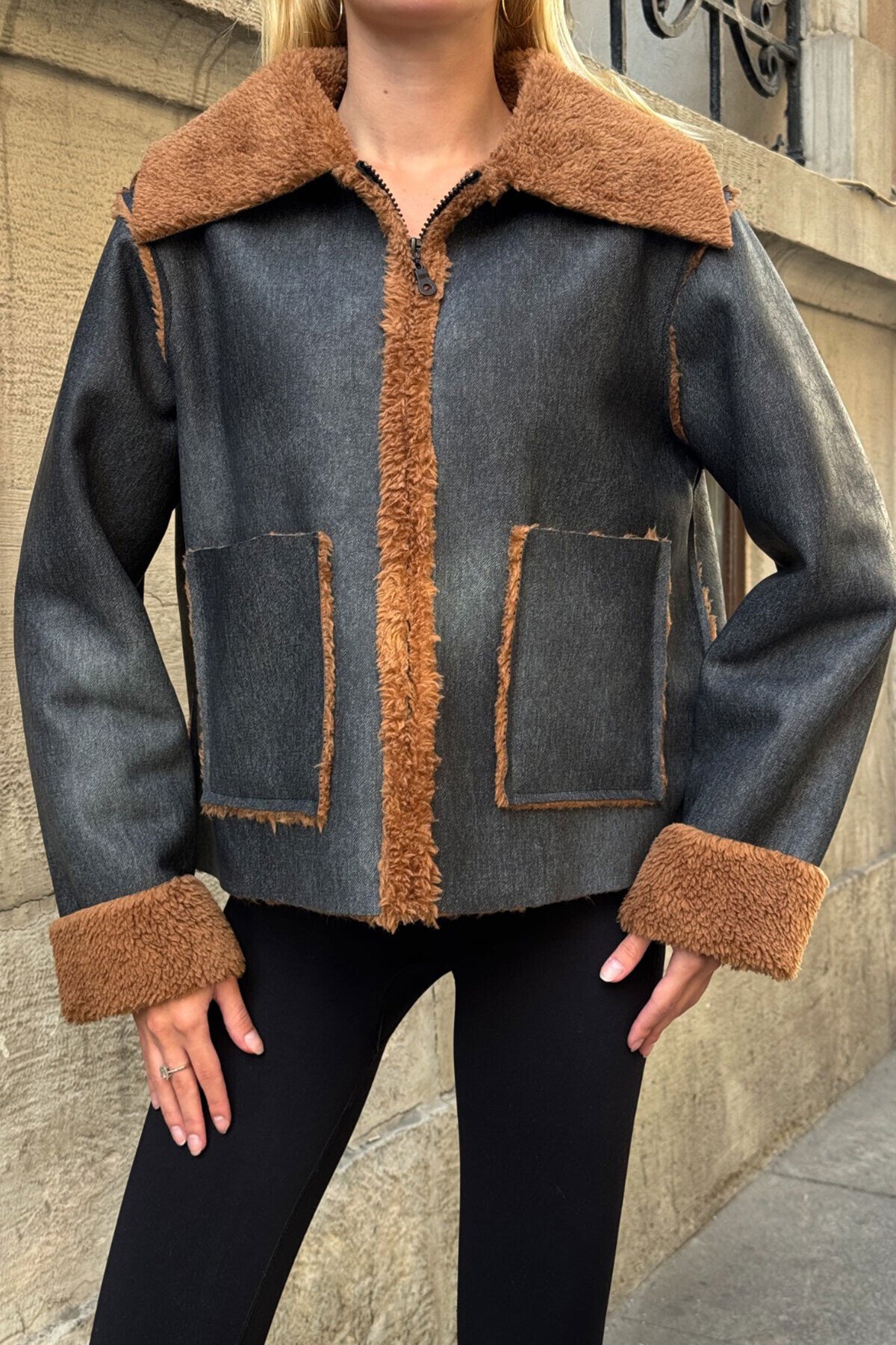 Antrasit Çift Cepli İçi Suni Kürklü Biker Mont