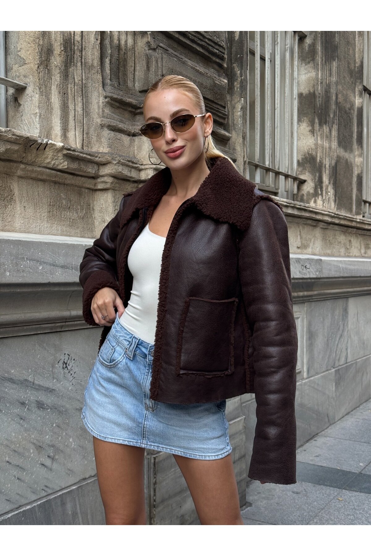 Antrasit Çift Cepli İçi Suni Kürklü Biker Mont