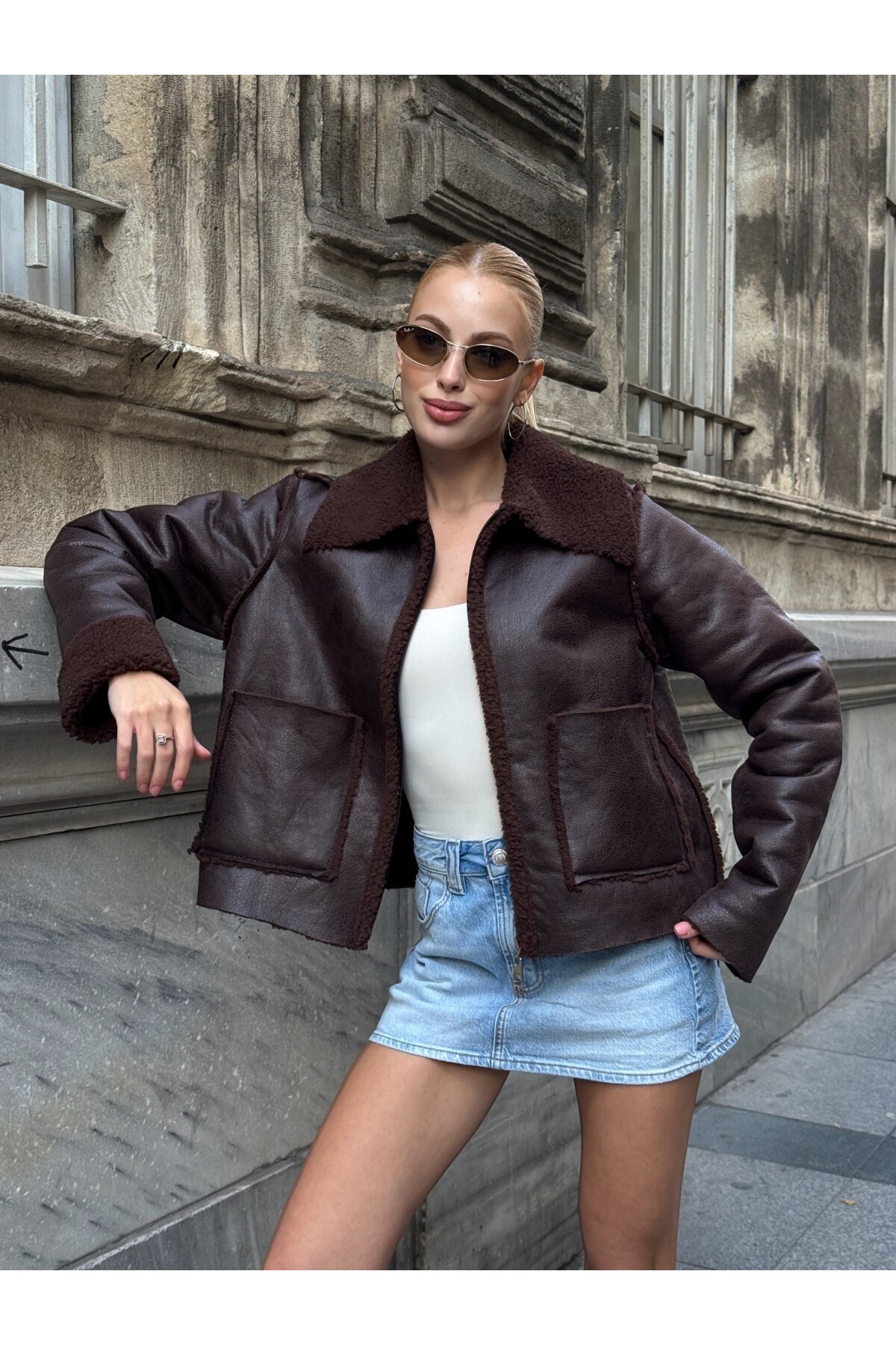 Antrasit Çift Cepli İçi Suni Kürklü Biker Mont