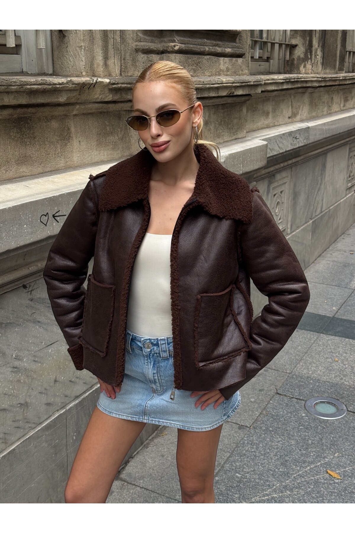 Antrasit Çift Cepli İçi Suni Kürklü Biker Mont