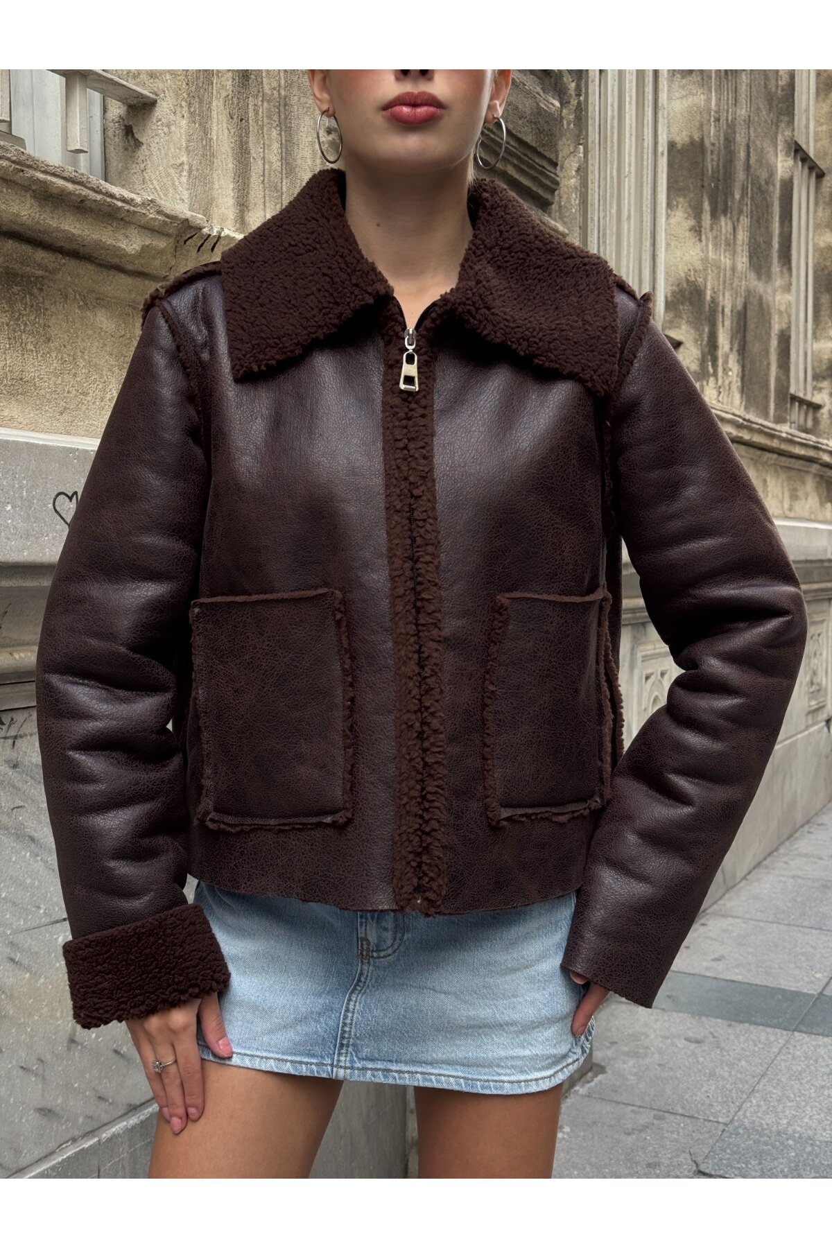 Antrasit Çift Cepli İçi Suni Kürklü Biker Mont