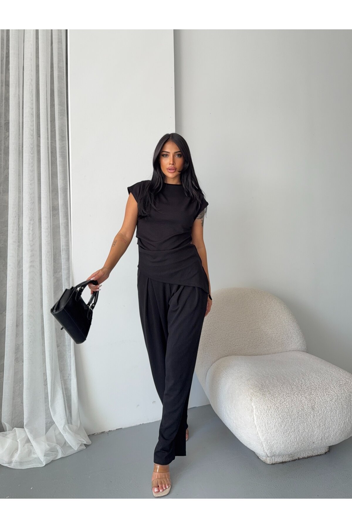 Asimetrik Bluz ve Pantalon Takım Siyah