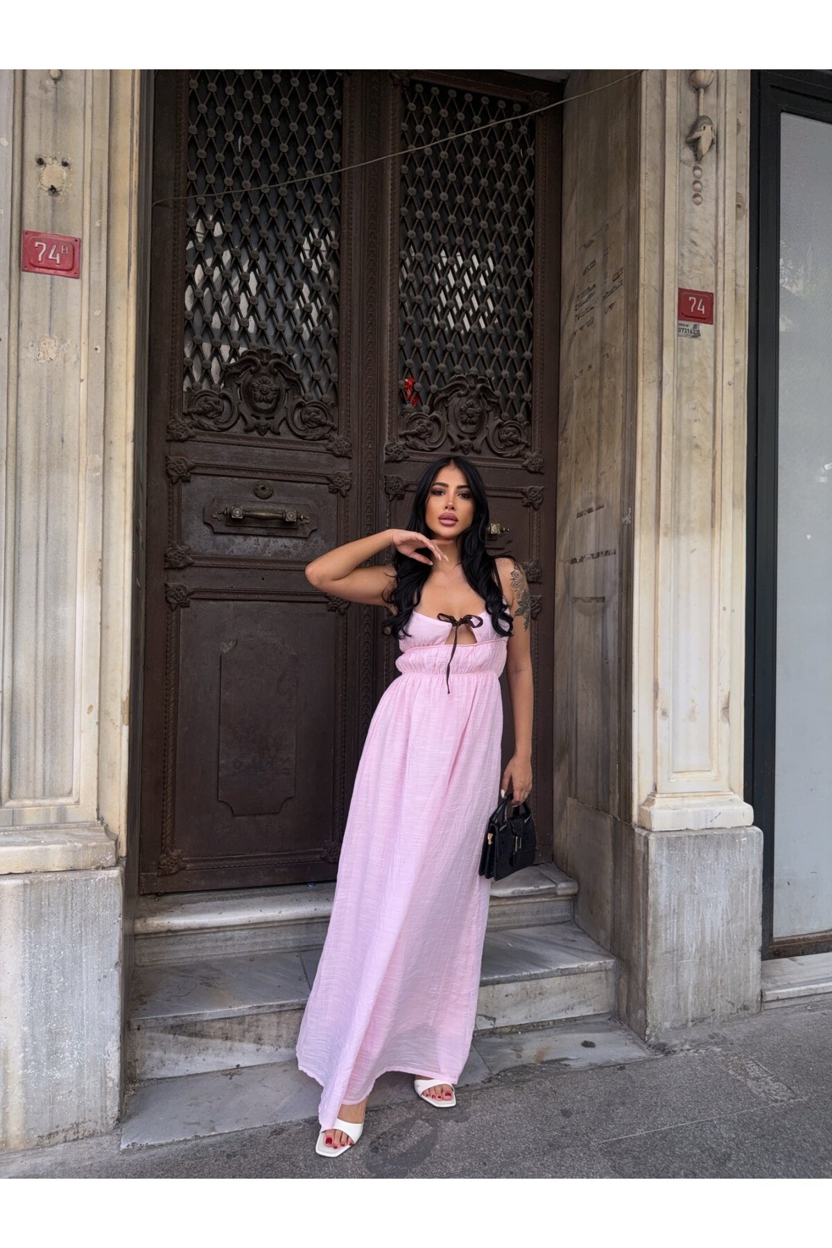 Askılı Göğüs Bağlama Detay Keten Elbise Pembe