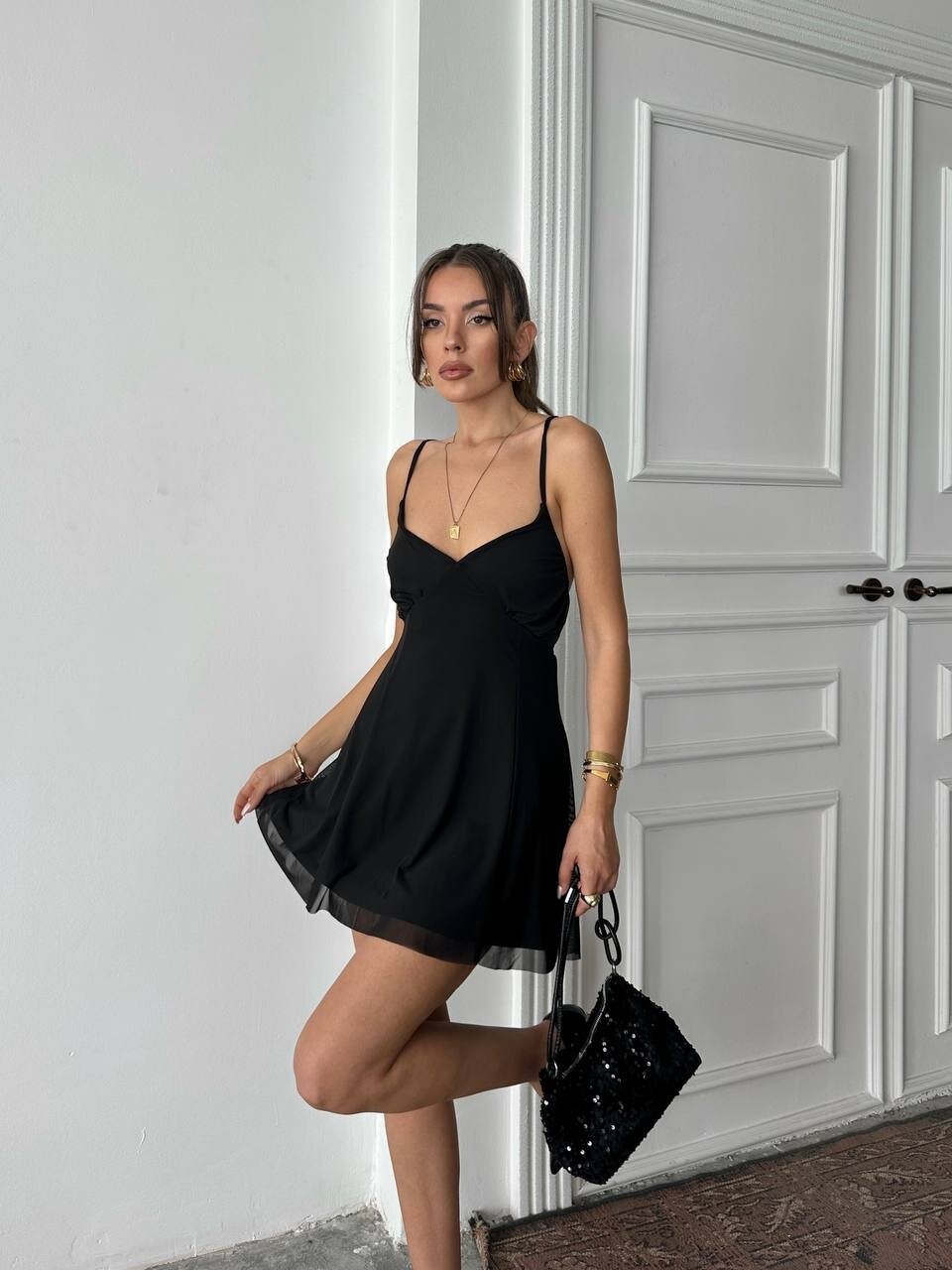 Astarlı Tül Mini Elbise Siyah