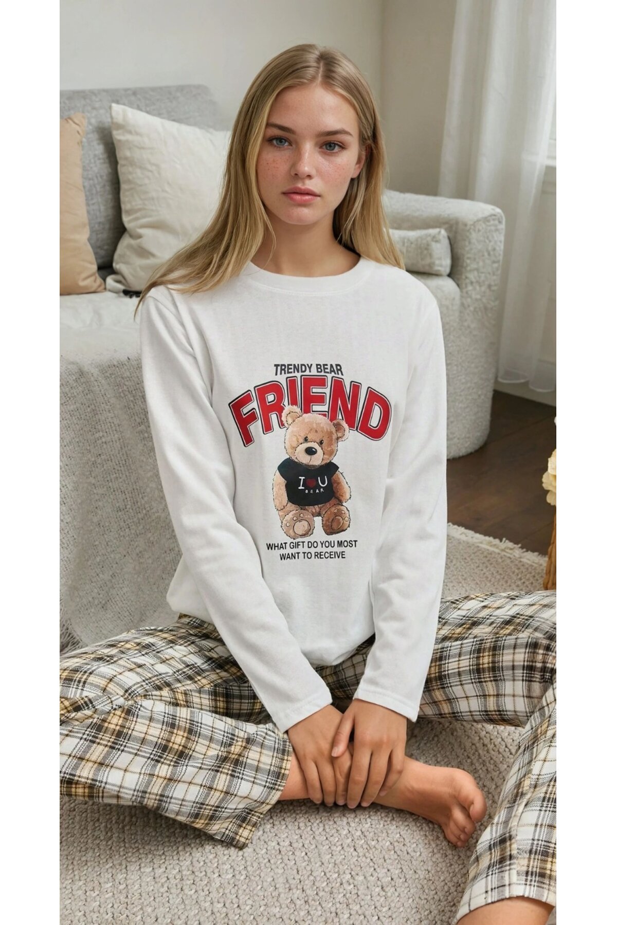 Ayıcık Baskılı Kareli Alt Şardonlu Kadın Pijama Takımı