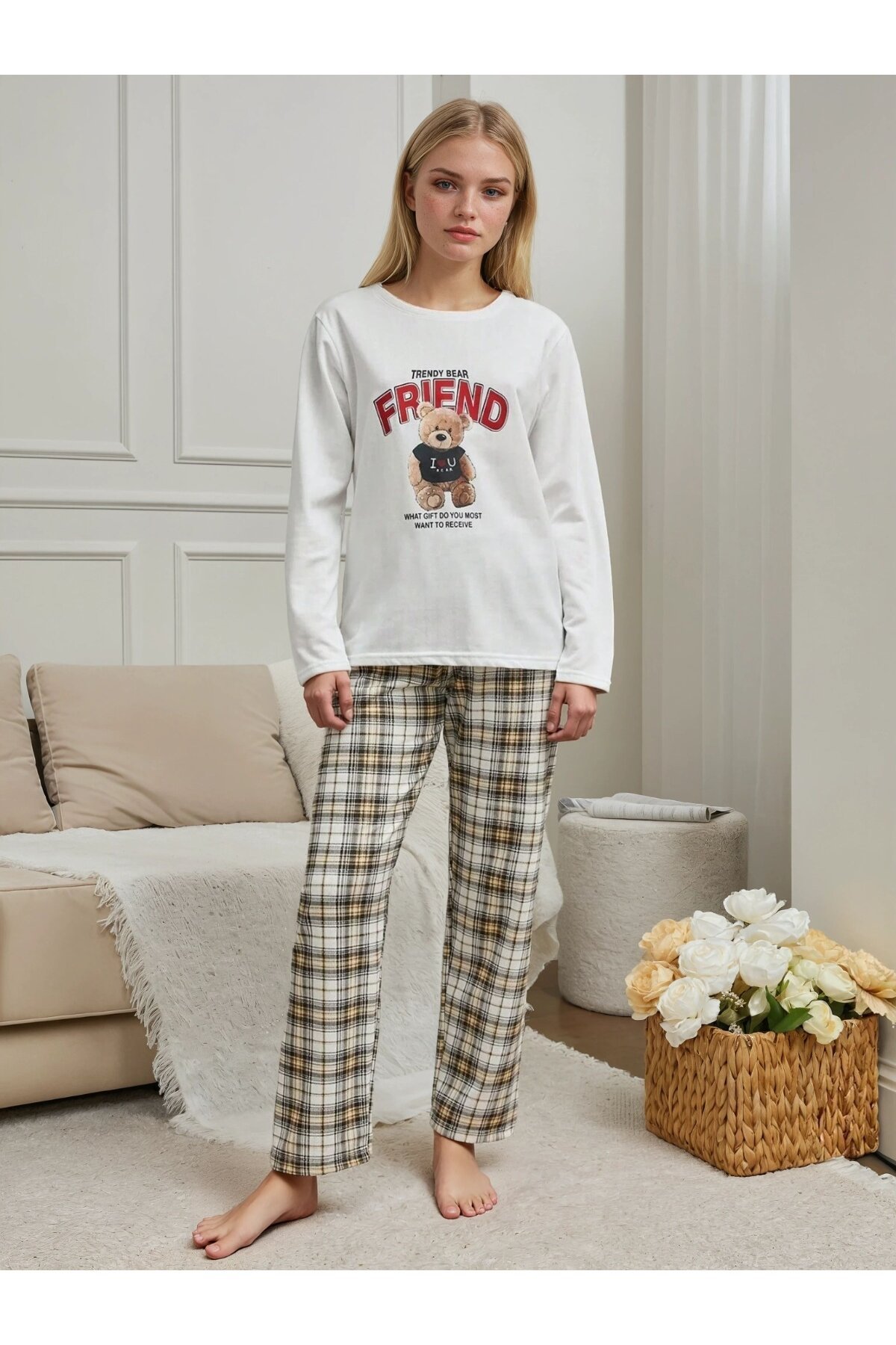 Ayıcık Baskılı Kareli Alt Şardonlu Kadın Pijama Takımı