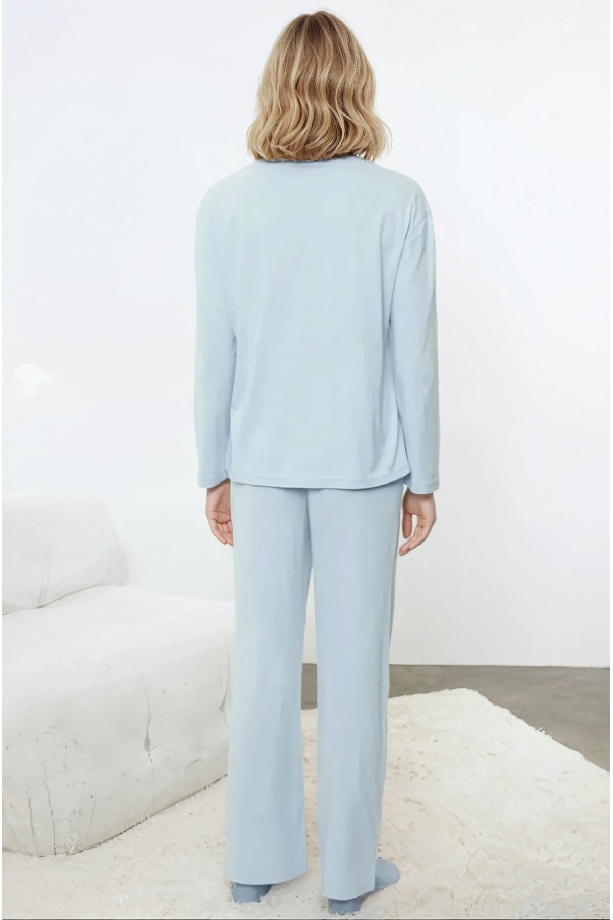 Ayıcık Baskılı Mavi Uzun Kollu Pijama Takımı