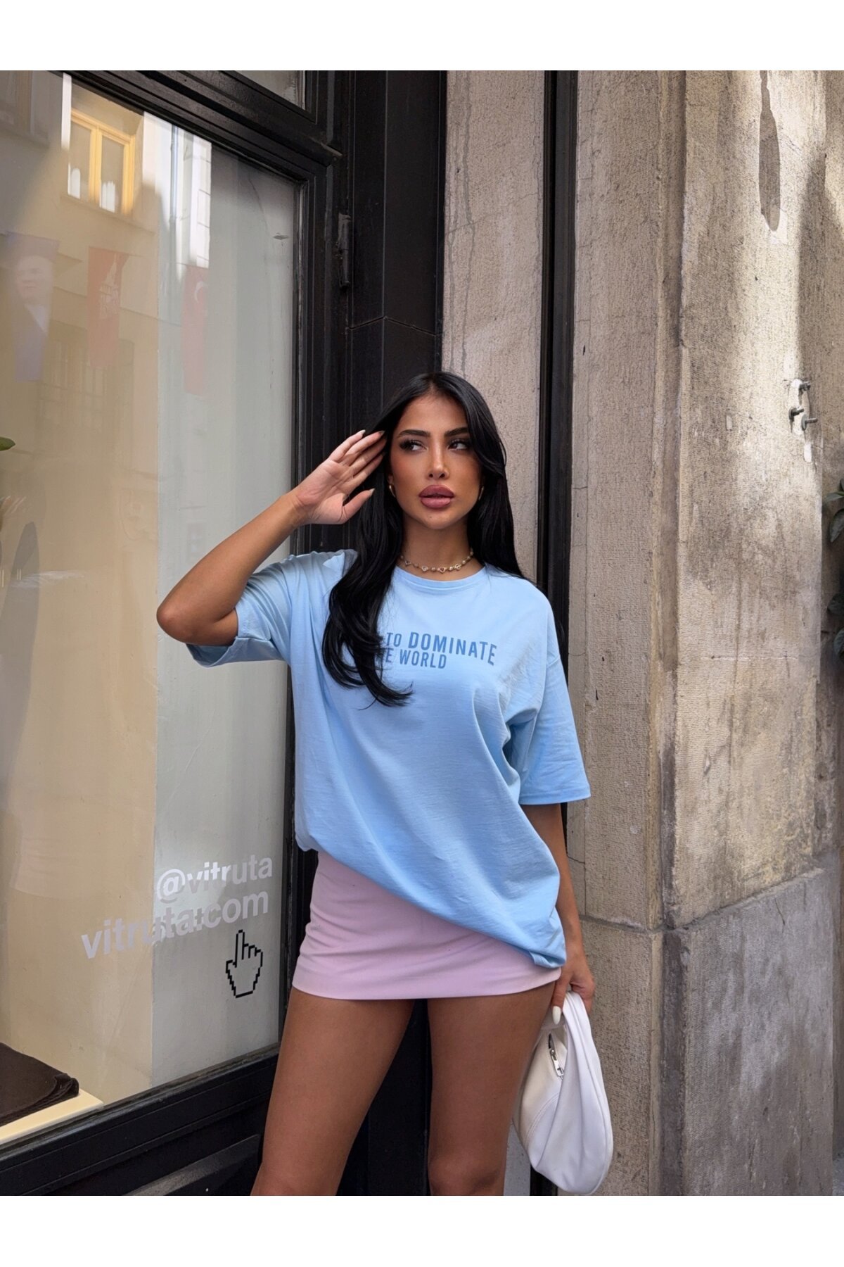 Baskılı Mavi Oversiz T-Shirt