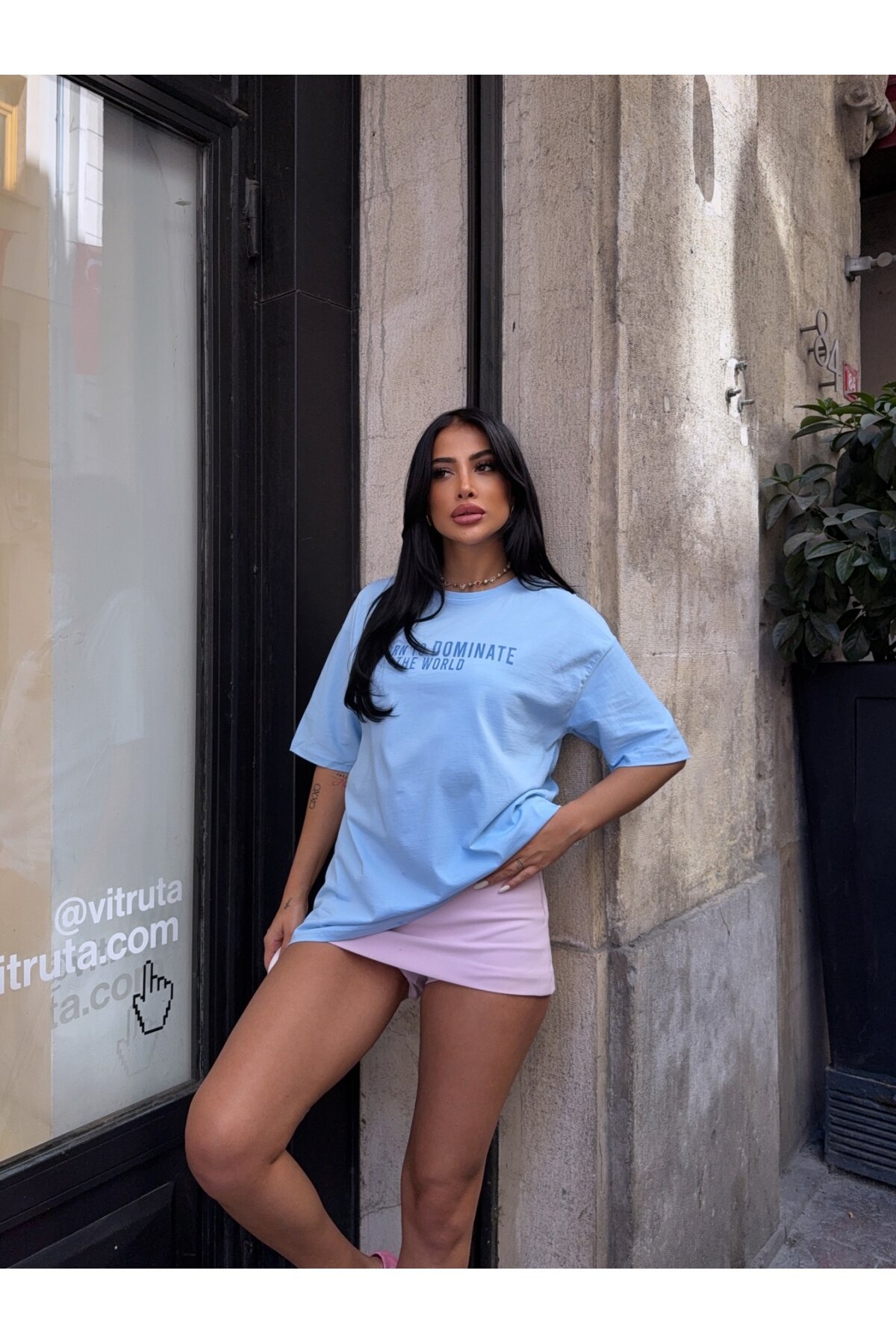 Baskılı Mavi Oversiz T-Shirt