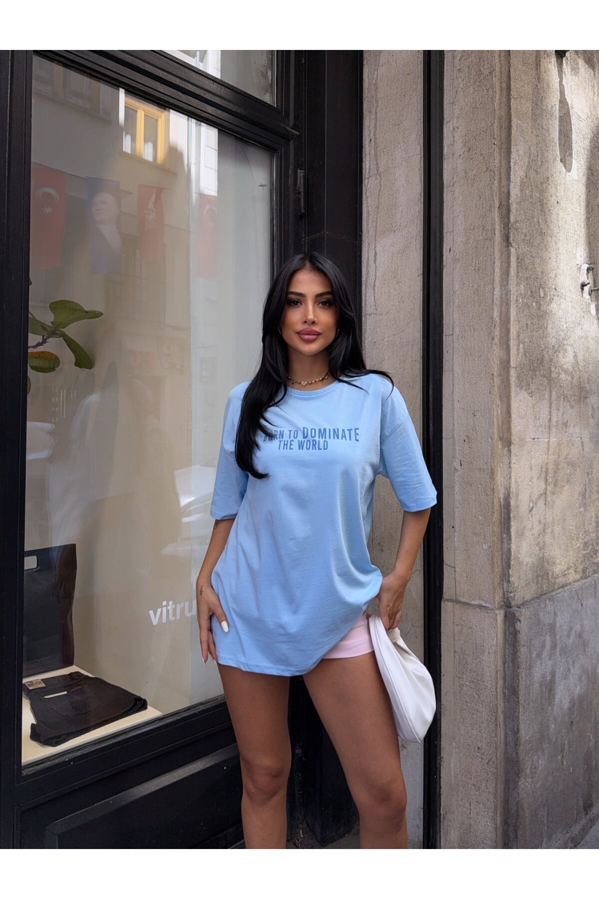 Baskılı Mavi Oversiz T-Shirt