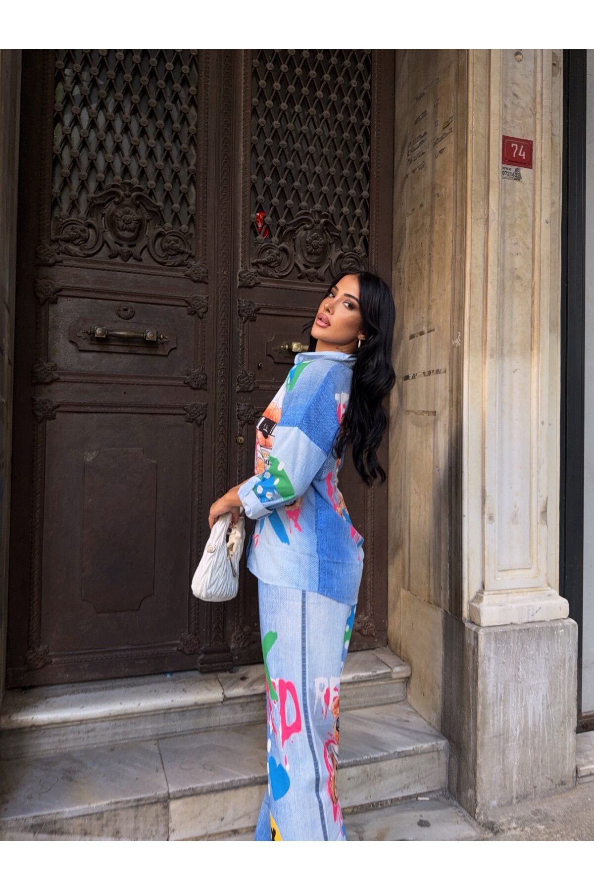 Baskılı Jean Efekt Gömlek Pantalon Takım