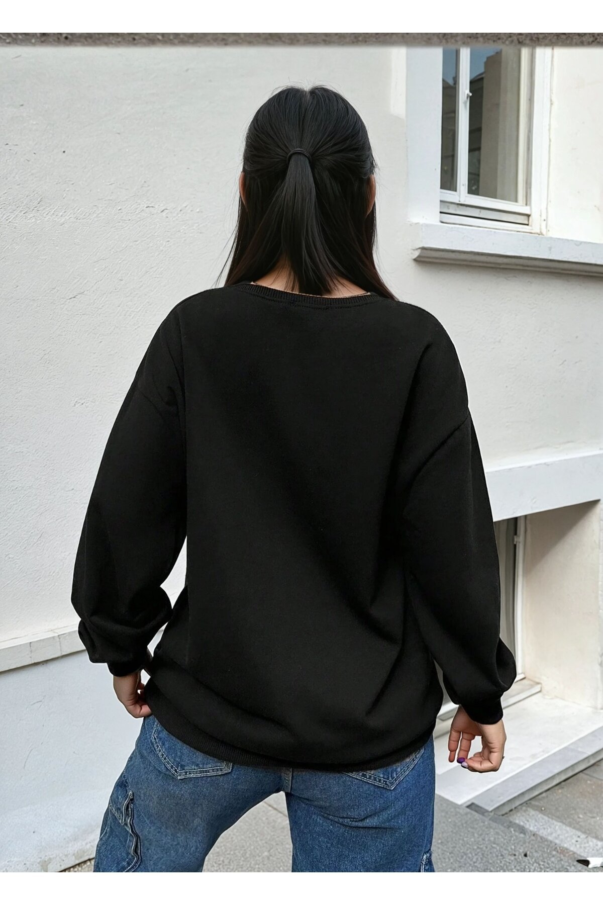 Baskılı Üç İplik Oversize Siyah Sweatshirt