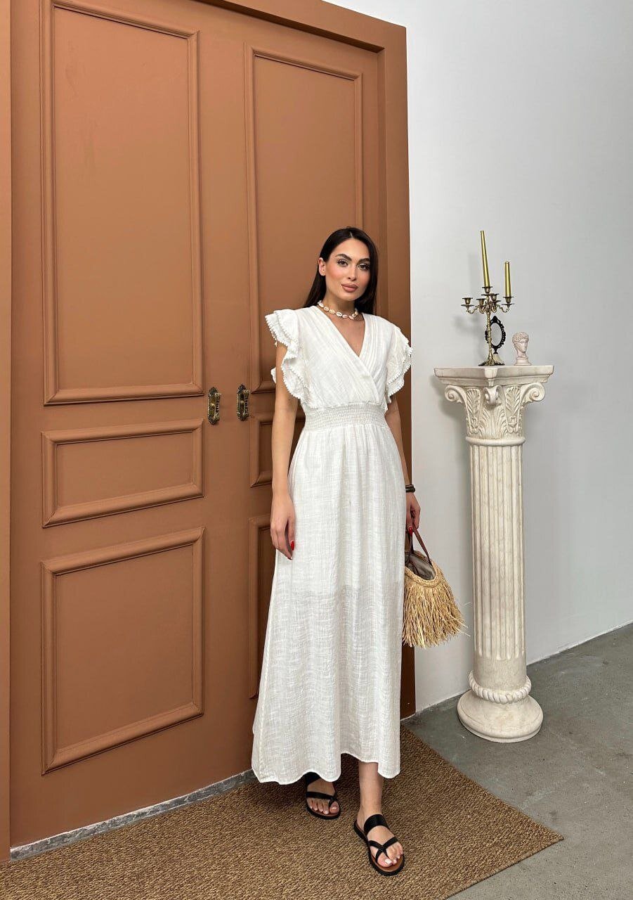 Beli Gipeli Beyaz Keten Elbise
