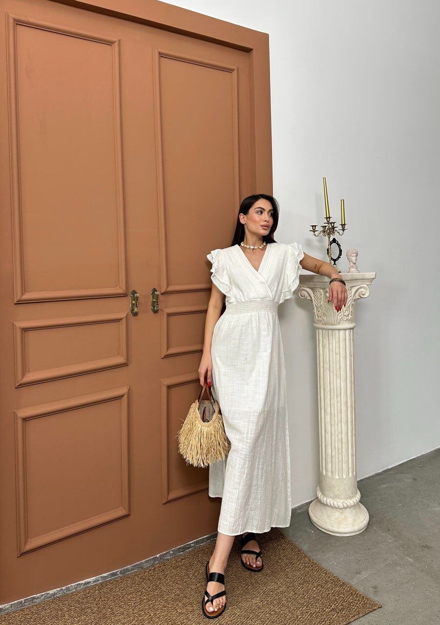 Beli Gipeli Beyaz Keten Elbise