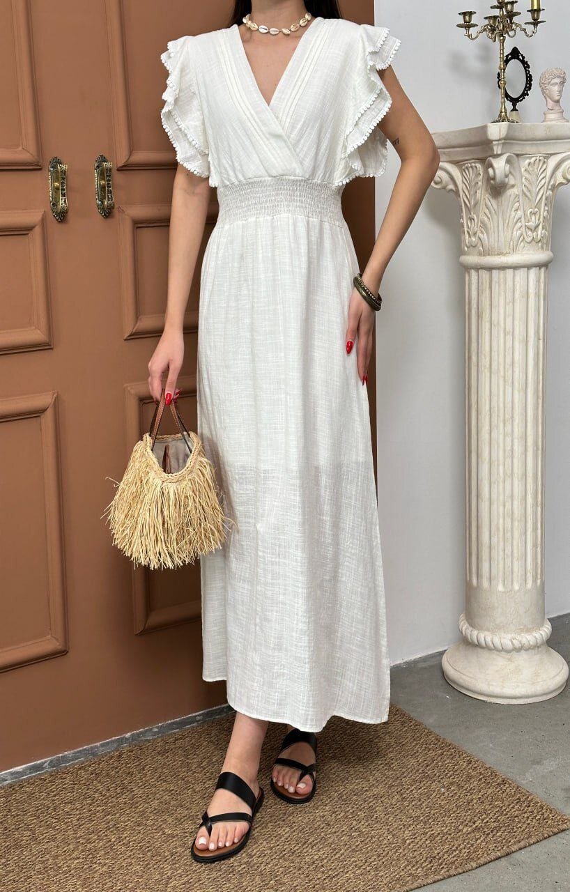 Beli Gipeli Beyaz Keten Elbise