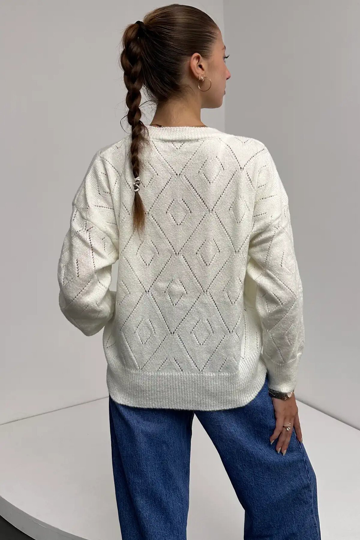 Bisiklet Yaka Baklava Desenli Triko Kazak Ekru