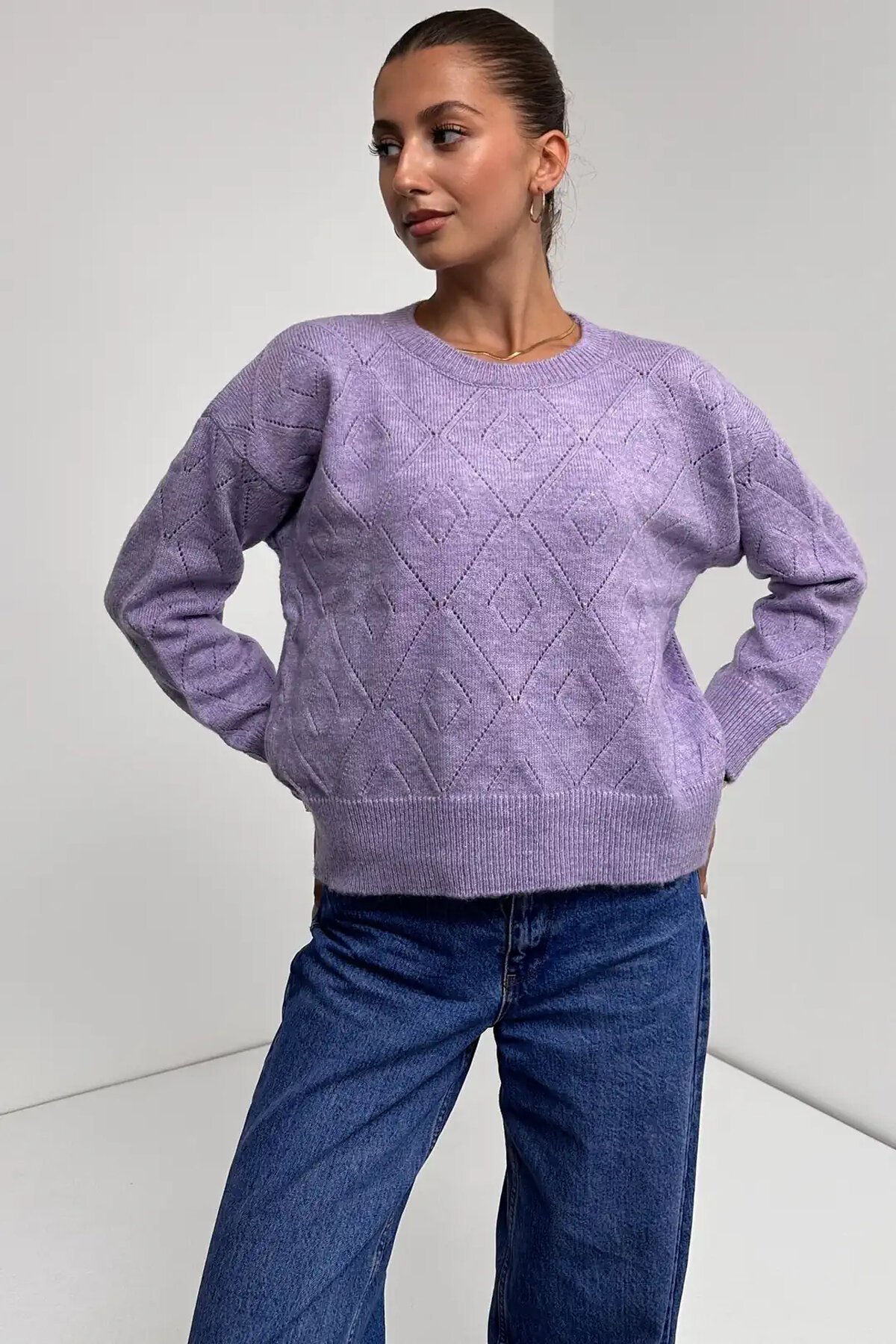 Bisiklet Yaka Baklava Desenli Triko Kazak Mor