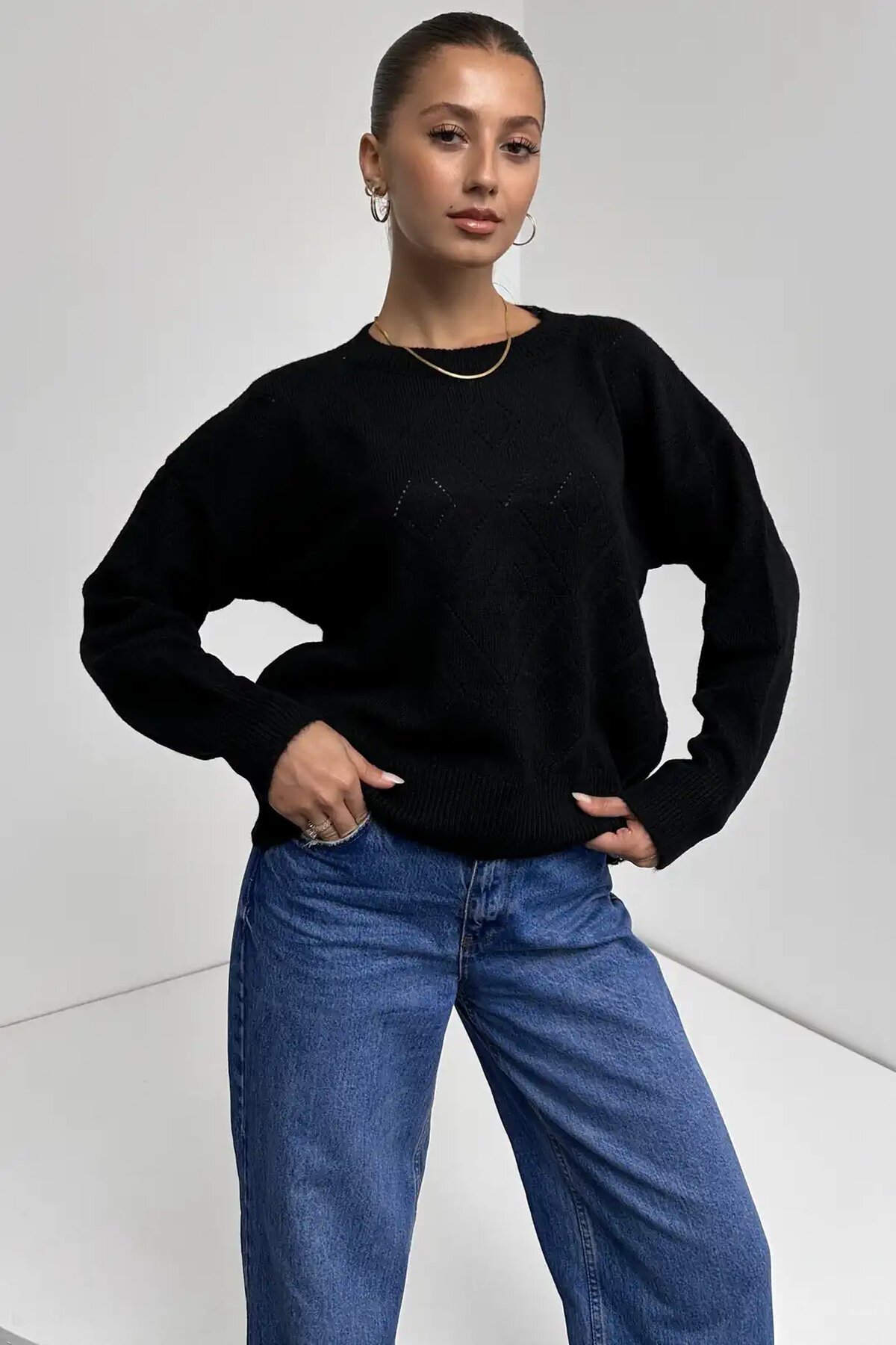 Bisiklet Yaka Baklava Desenli Triko Kazak Siyah