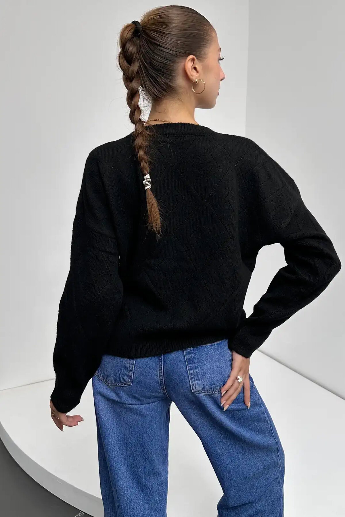 Bisiklet Yaka Baklava Desenli Triko Kazak Siyah