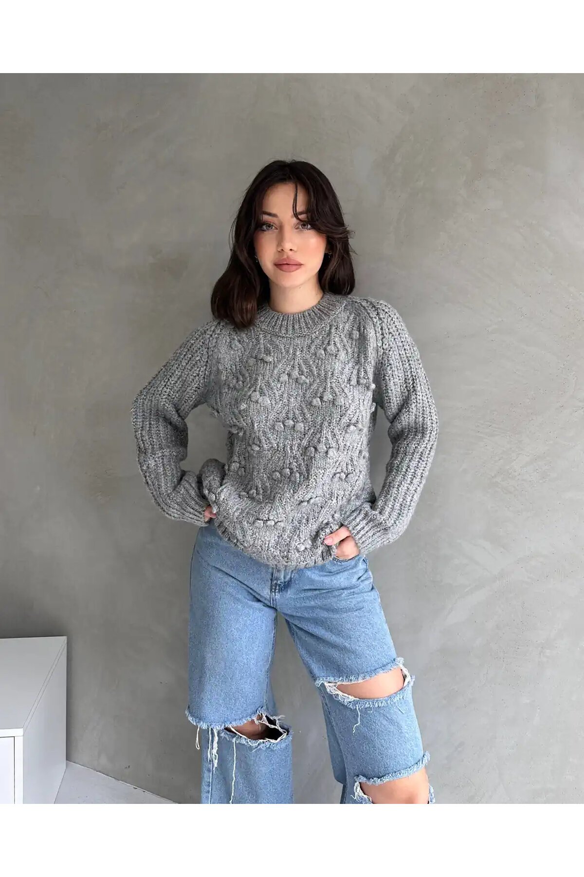 Bisiklet Yaka Bürümcük Detaylı Triko Kazak Gri