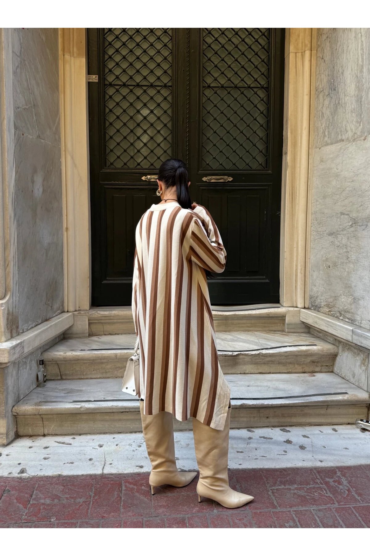 Bisiklet Yaka Çizgi Desenli Triko Elbise