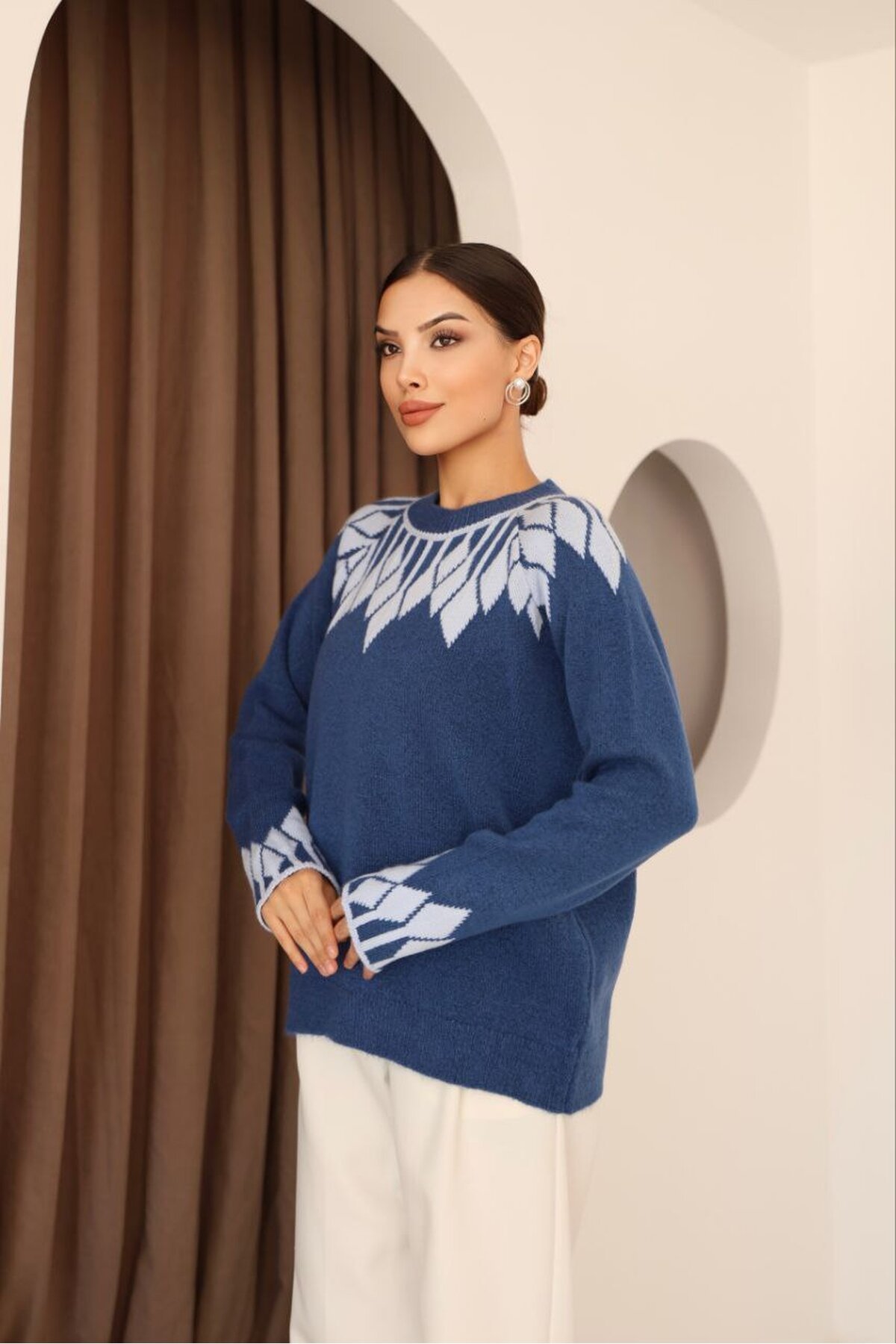 Bisiklet Yaka Desenli Triko Kazak Mavi