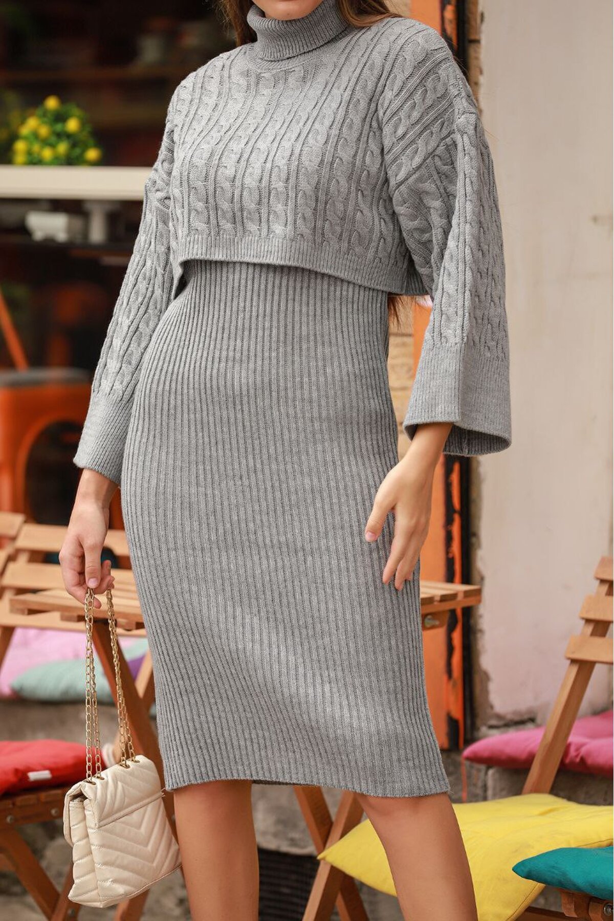 Boğazlı Crop Kazak Triko Elbise Takım Gri