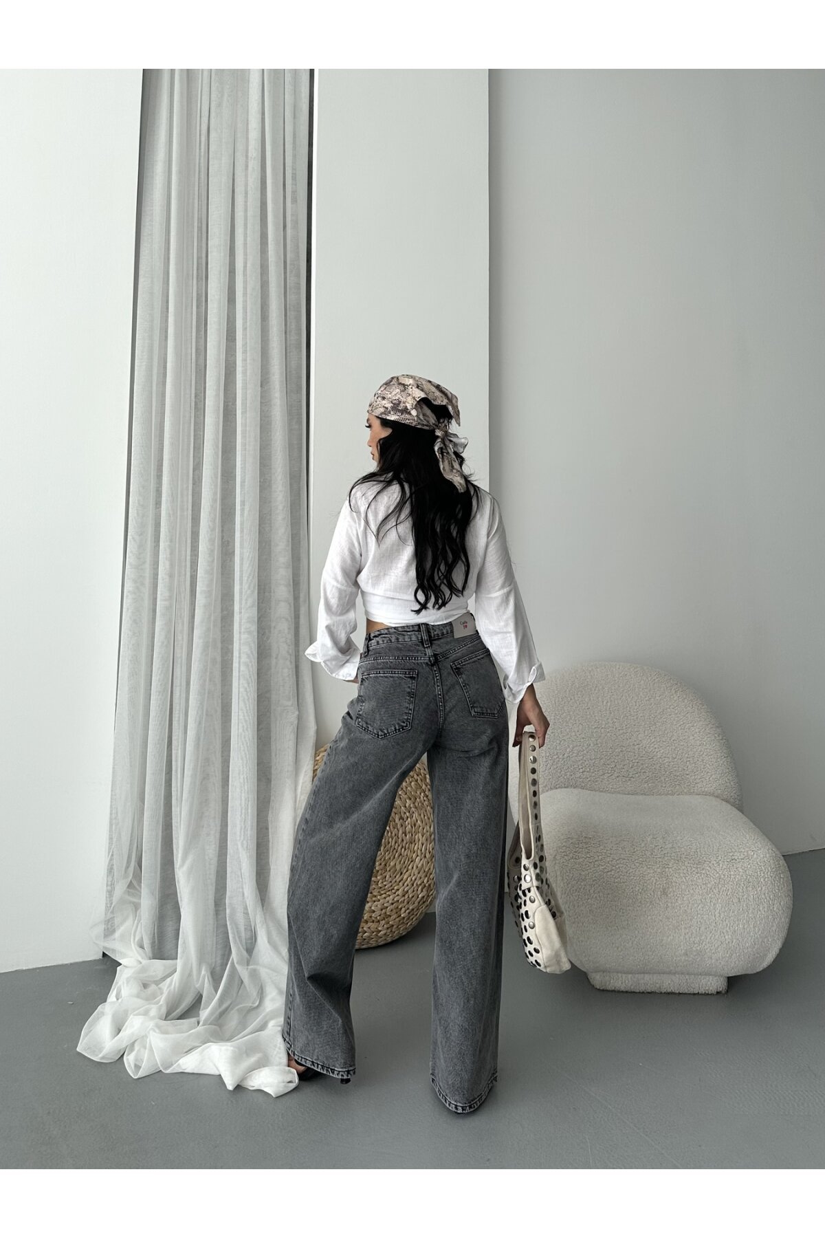 Bol Cepli Geniş Paça Siyah Kot Pantolon