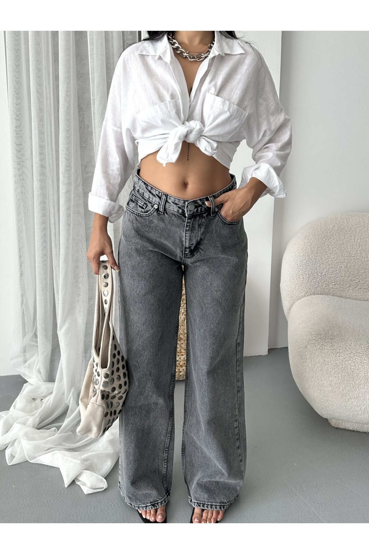 Bol Cepli Geniş Paça Siyah Kot Pantolon