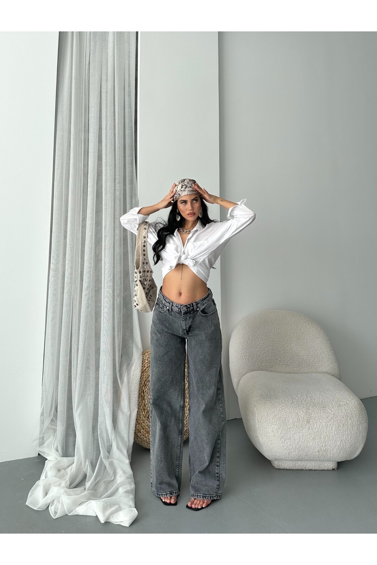 Bol Cepli Geniş Paça Siyah Kot Pantolon