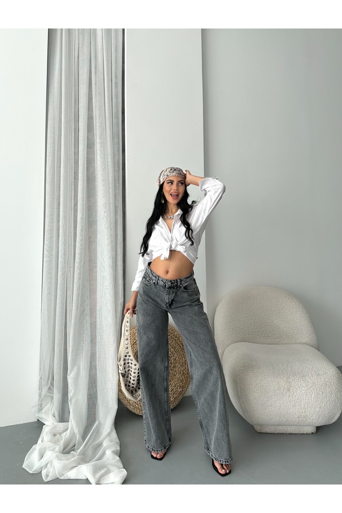 Bol Cepli Geniş Paça Siyah Kot Pantolon