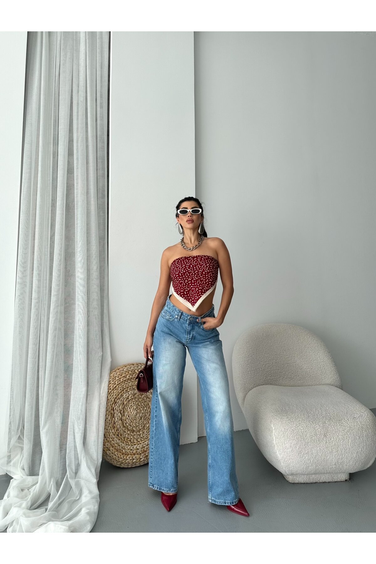 Bol Cepli Geniş Paça Yıkamalı Kot Pantolon