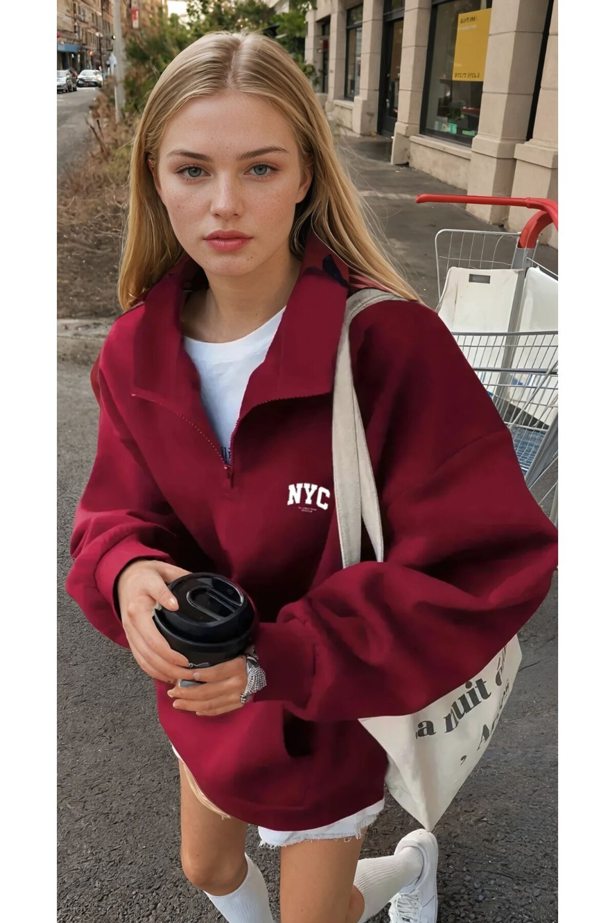 Bordo NYC Fermuarlı Üç İplik Oversize Sweatshirt