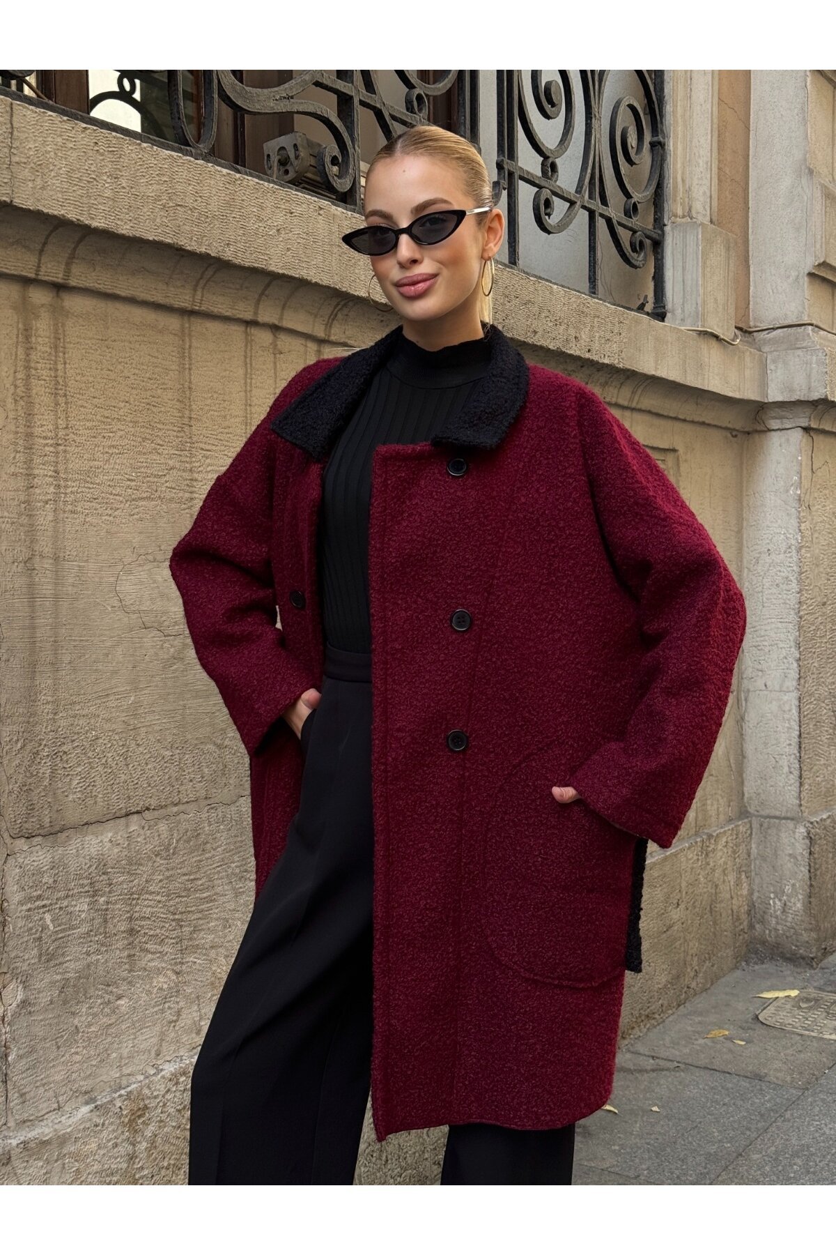 Buklet Kumaş Yaka Detay Düğmeli Mont Bordo