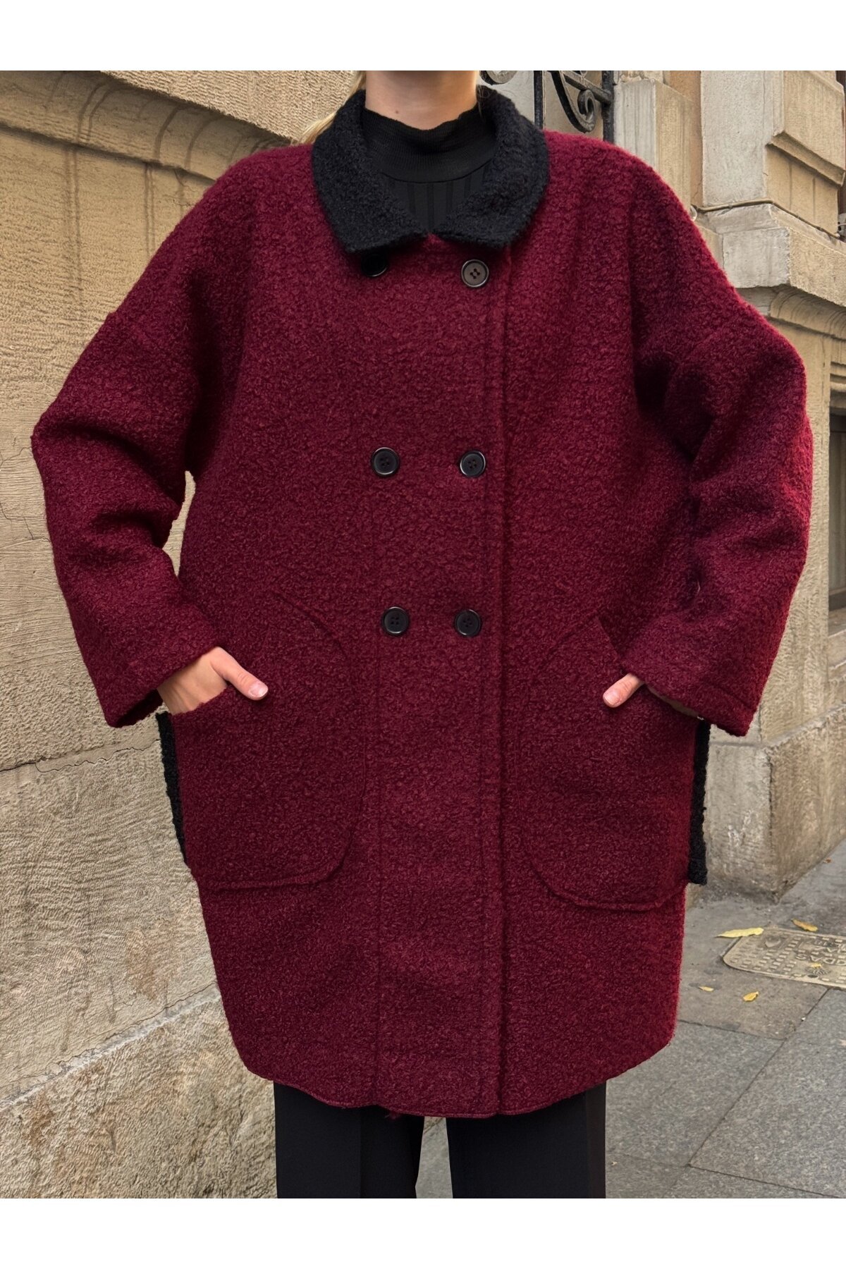 Buklet Kumaş Yaka Detay Düğmeli Mont Bordo