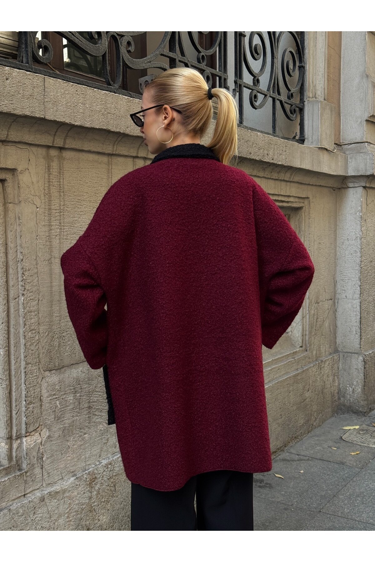Buklet Kumaş Yaka Detay Düğmeli Mont Bordo