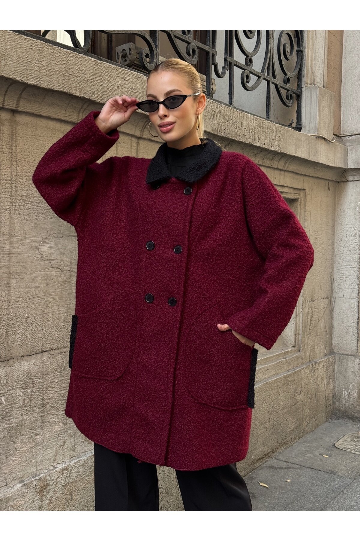 Buklet Kumaş Yaka Detay Düğmeli Mont Bordo
