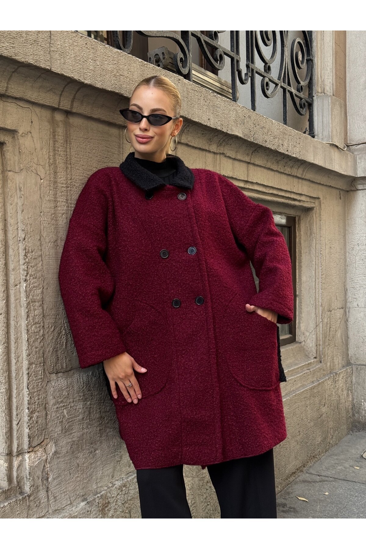 Buklet Kumaş Yaka Detay Düğmeli Mont Bordo