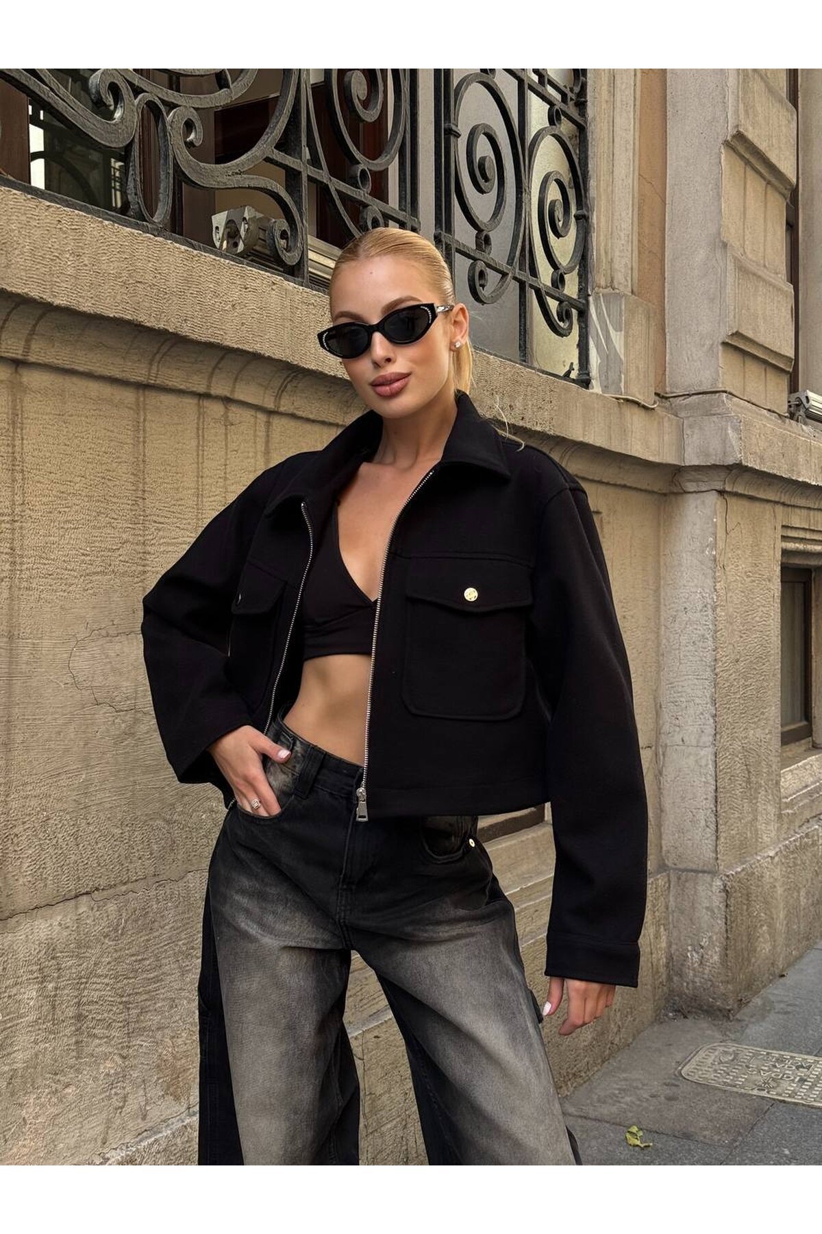 Cep Detay Kaşe Ceket Siyah