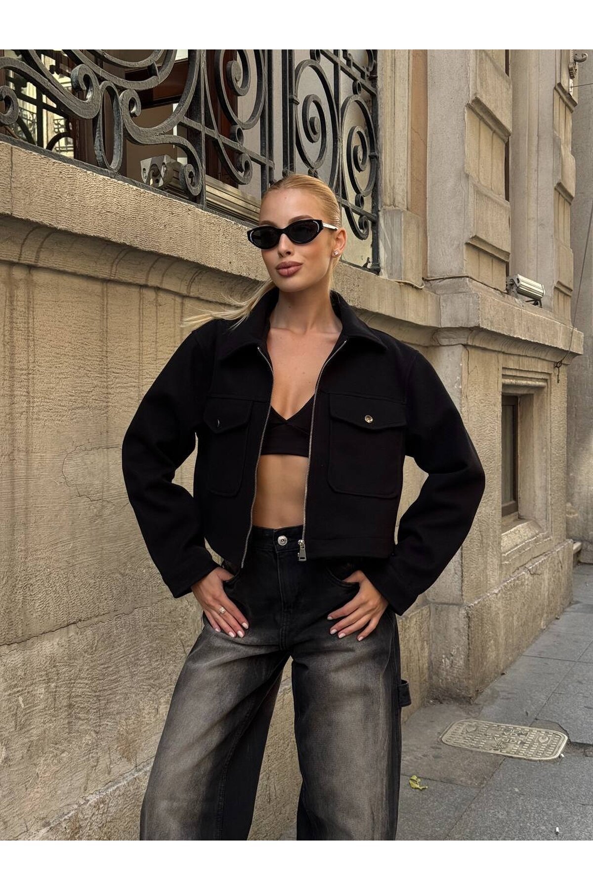 Cep Detay Kaşe Ceket Siyah
