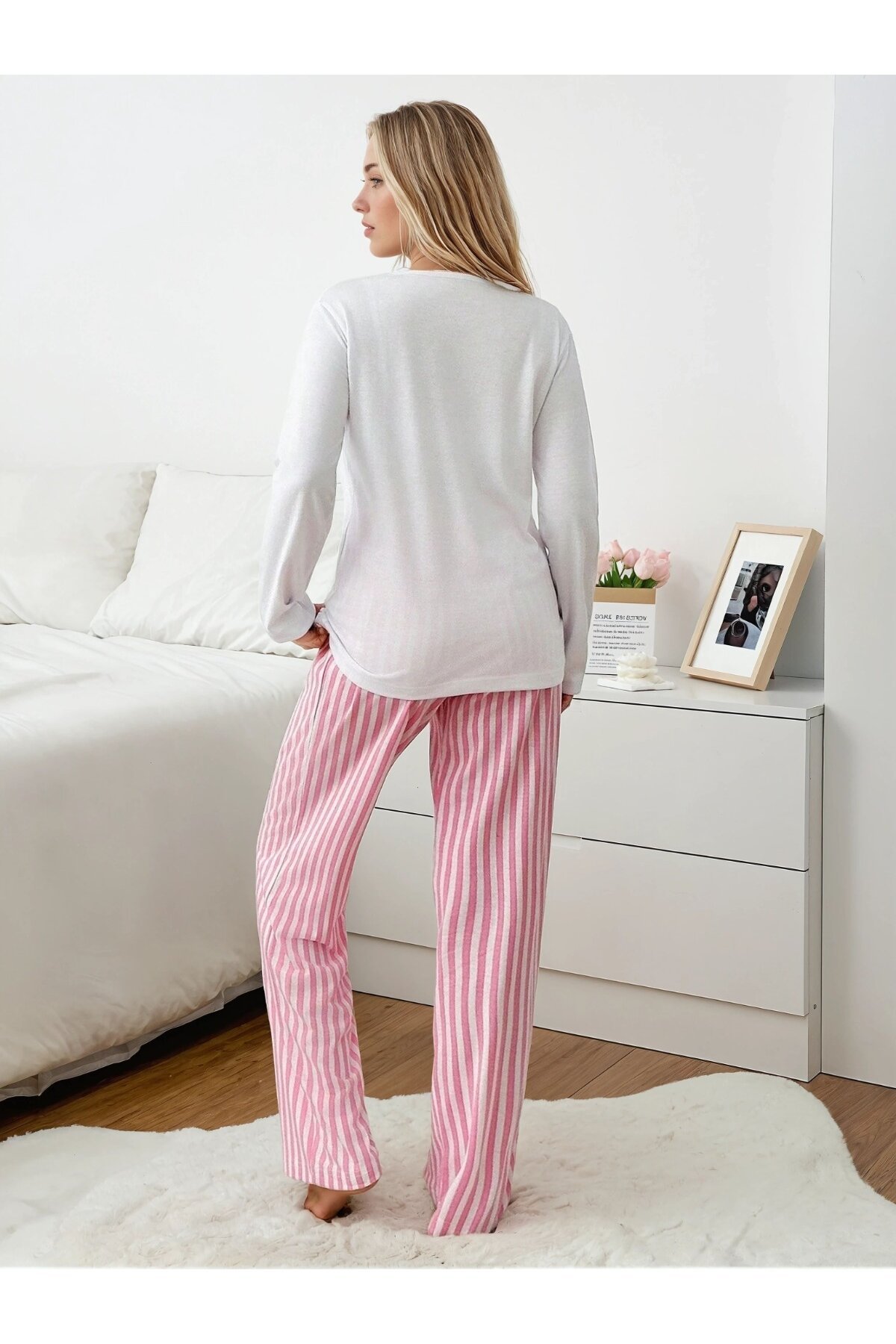 Cherry Baskılı Çizgili Kadın Pijama Takımı