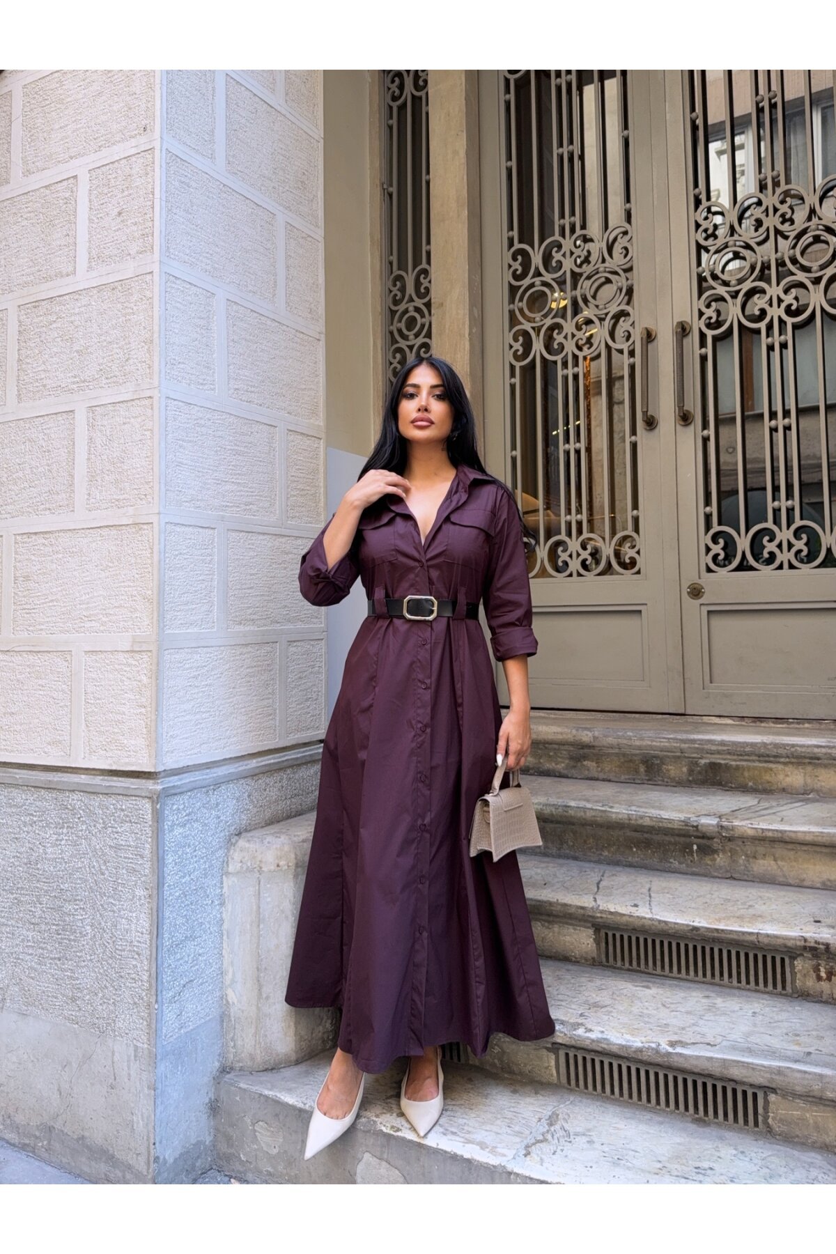 Çift Cep Detay Gömlek Elbise Mürdüm