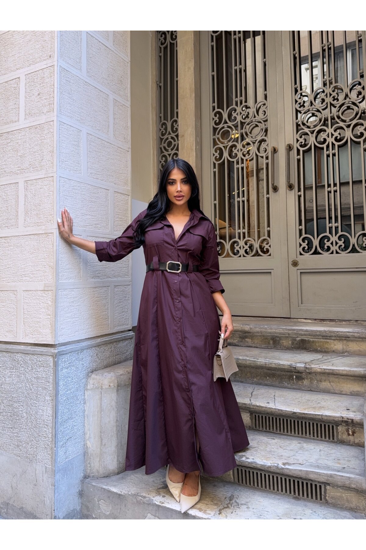 Çift Cep Detay Gömlek Elbise Mürdüm