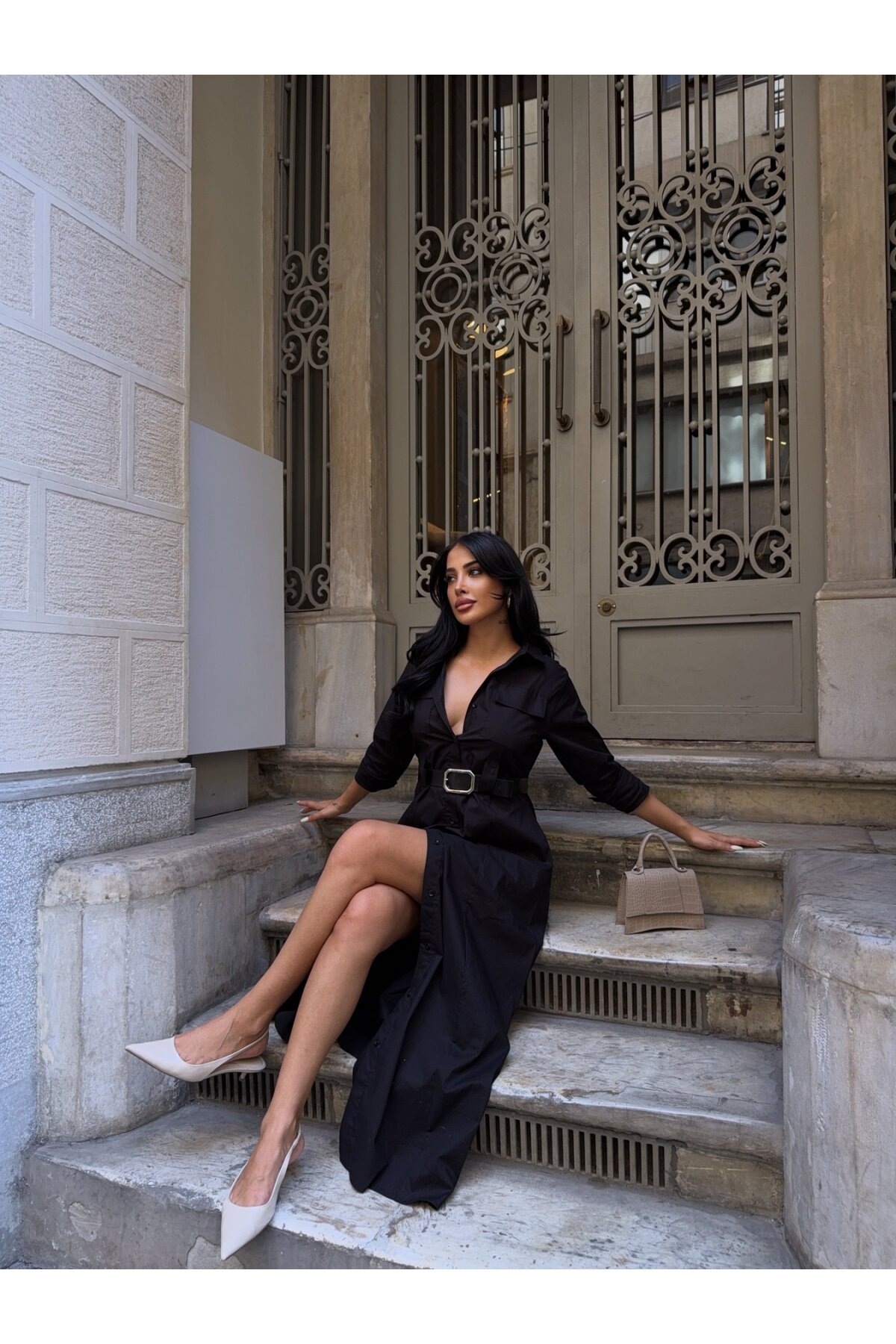 Çift Cep Detay Gömlek Elbise Siyah