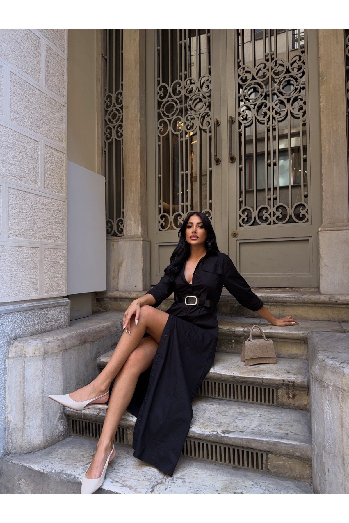 Çift Cep Detay Gömlek Elbise Siyah