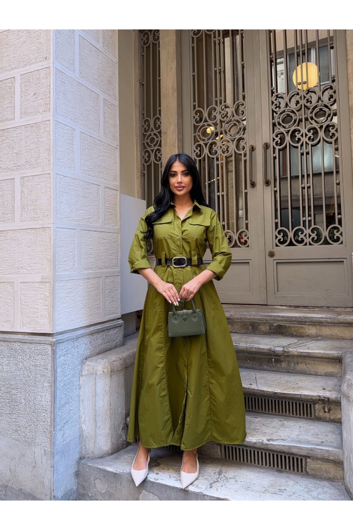 Çift Cep Detay Gömlek Elbise Yeşil