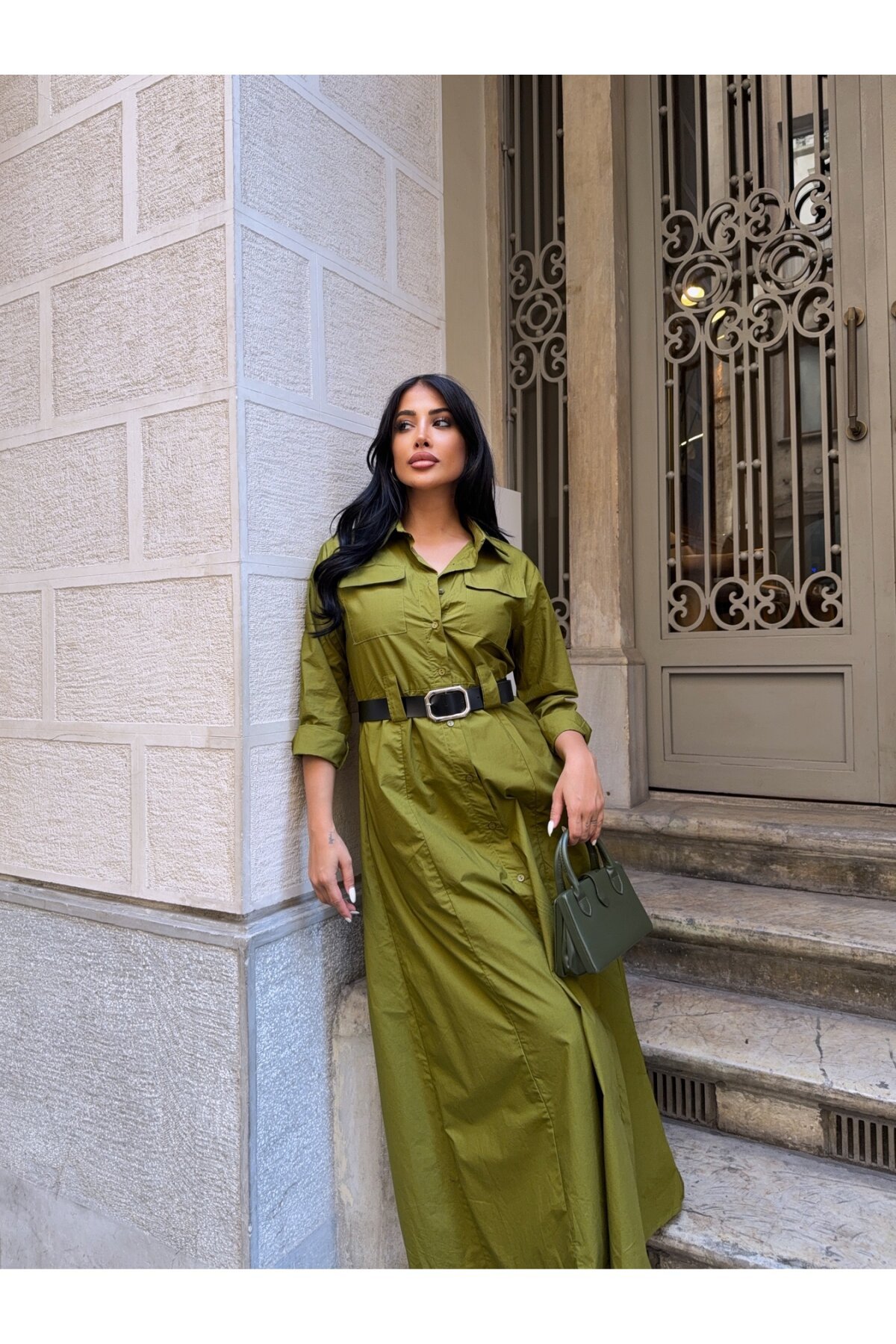 Çift Cep Detay Gömlek Elbise Yeşil